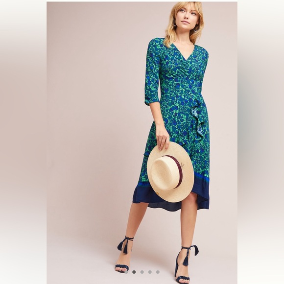 Maeve Anthropologie Floral Print Ruched Faux Wrap Dress Size 2 - Picture 1 of 14